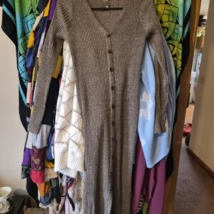 Brown Ribbed Button-Up Cardigan Dress